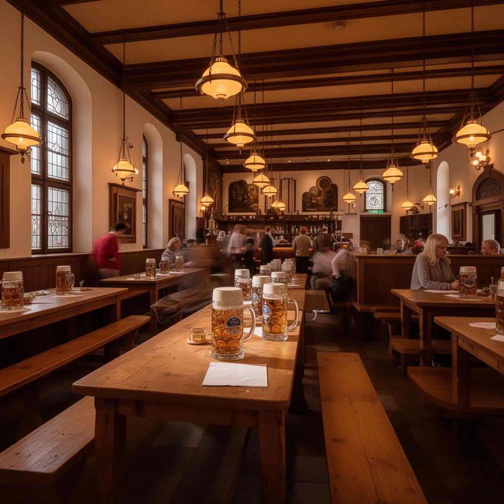 Bierhalle mit langen Tischen